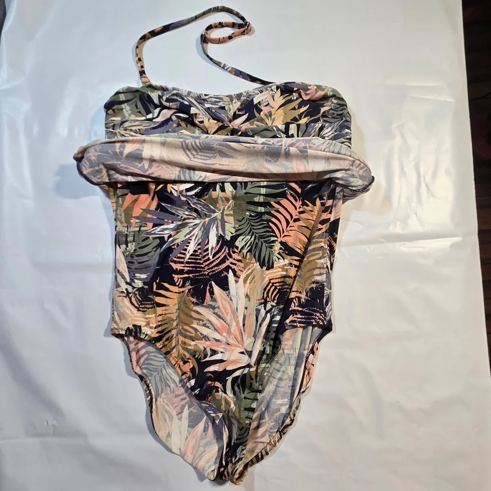 Garnet Hill Tropical Palm Print Swim Dress One Piece Halter Swimsuit Sz 12 Beach